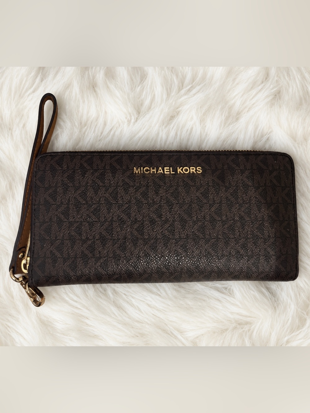 Michael Kors Large Monogram Zip Wristlet with Gold Logo